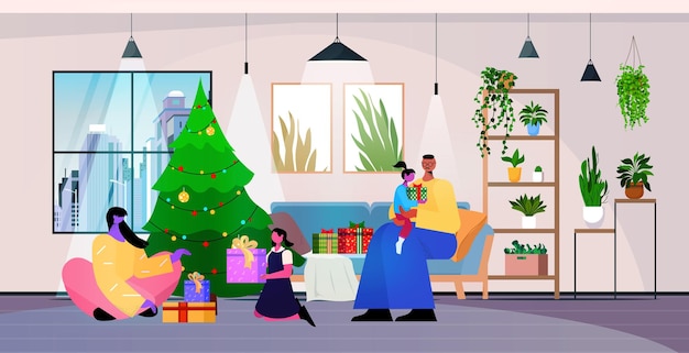 Vector family holding wrapped gift boxes happy new year merry christmas holidays celebration concept living room interior horizontal full length vector illustration