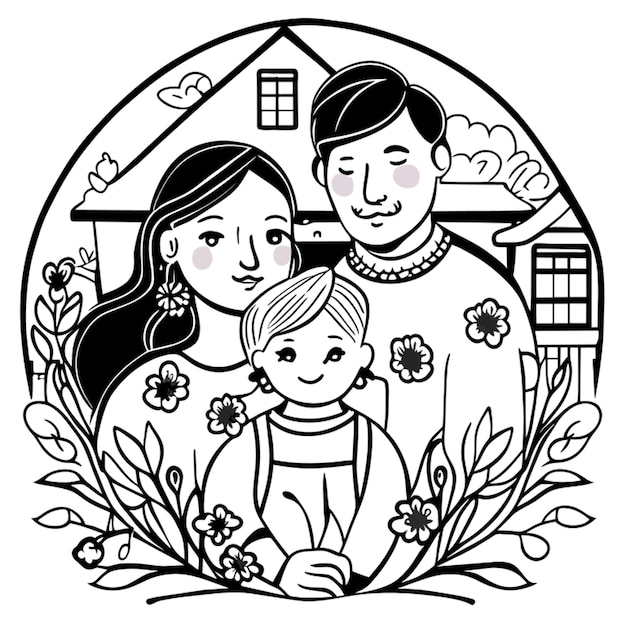 Vector family in homes coloring for children low detail fine outlines isolated white backfround vector