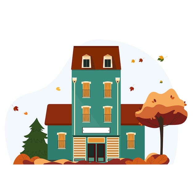 Vector family house in autumn a building with a tree a spruce and a lantern in the yard vector illustration