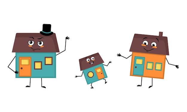 Vector family of house character with happy emotions smile face happy eyes arms and legs mom is happy dad is wearing hat and child with dancing pose vector flat illustration