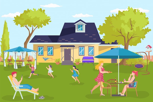 Vector family house, happy people at home yard  illustration. father mother child at summer vacation near building landscape.  fun parent and child lifestyle, outdoor weekend togetherness.