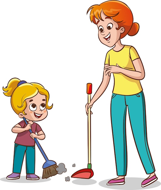 Семейная домашняя работа Родители и дети убирают дом мультфильм вектор