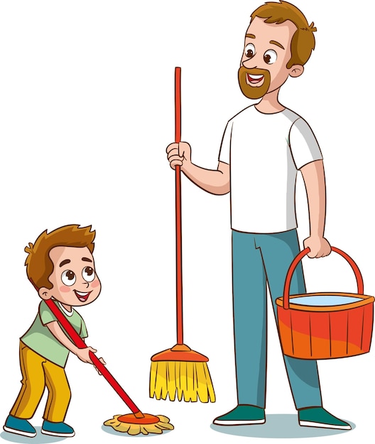 Vector family housework parents and kids clean up house cartooon vector