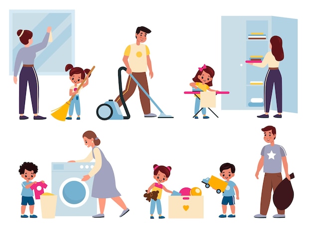 Family housework Parents with young assistant clean apartment moms and dads with daughters and sons cleaning people washing ironing and vacuuming Housekeeping chores vector set