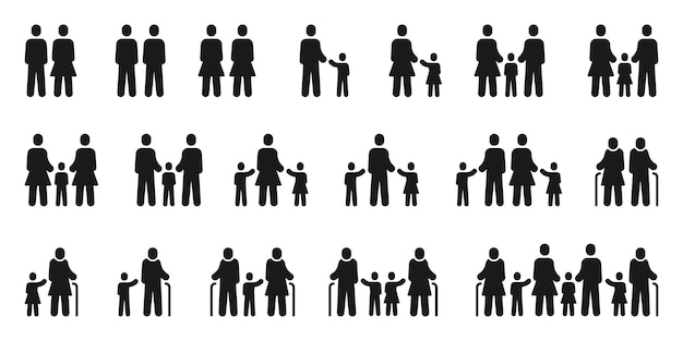 Icone della famiglia. diversità coppie e famiglie, partner tradizionali, lgbt e genitori single. insieme di vettore dei pittogrammi dei nonni e dei bambini. illustrazione coppia amore, persone lesbiche e diversità