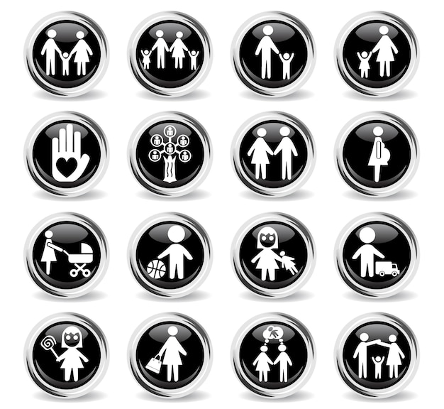 Vector family icons on round black buttons with metal ring