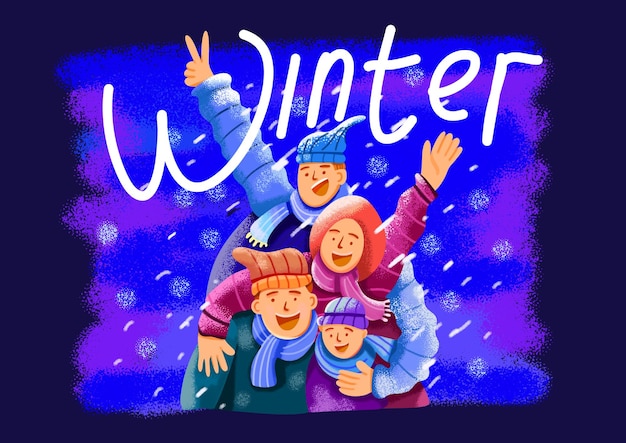 family illustration in winter