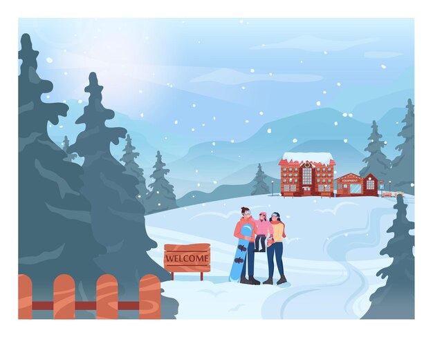 Семья перед рекламным щитом горнолыжного курорта. зимняя деревня с гостиницей