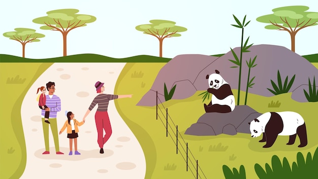 動物園の家族 パンダの囲いの近くにいる子供を持つ親 遠足の訪問者 週末に一緒に時間を過ごす人々 動物を見て子供を持つ母と父 ベクトルの概念