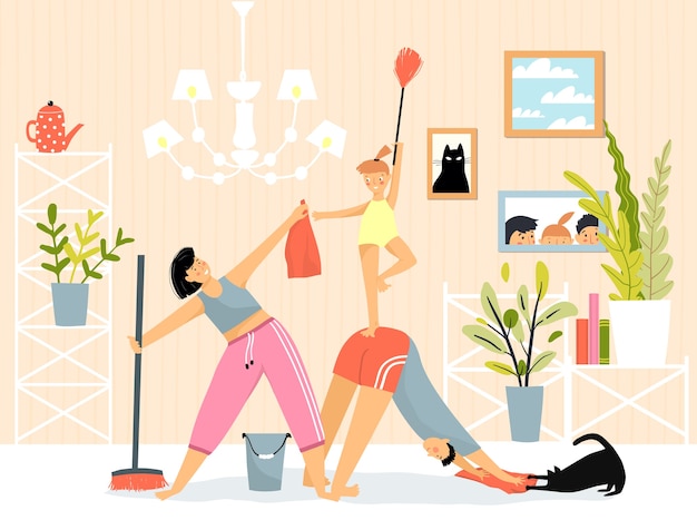 Семья в комнате повседневная уборка по дому и фитнес-упражнения йоги.