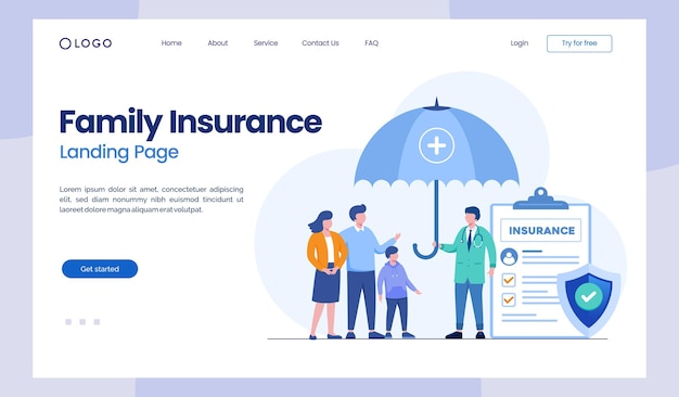 ベクトル 家族保険の健康保険の予算の盾と傘の保護フラット イラスト ベクター ランディング ページ