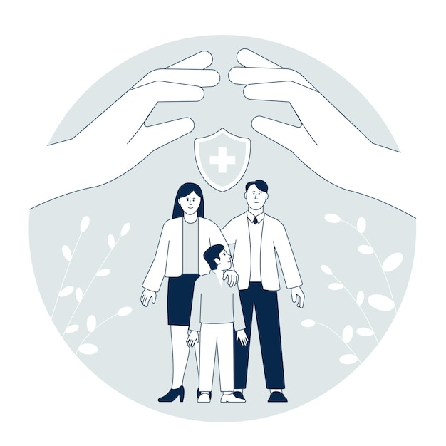 Vector family insurance safe people wellness parents and kid under umbrella secure life private healthcare support woman man and child recent vector concept