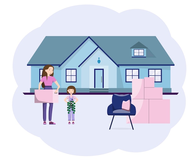 The family is moving to a new house Mom and daughter Flat design