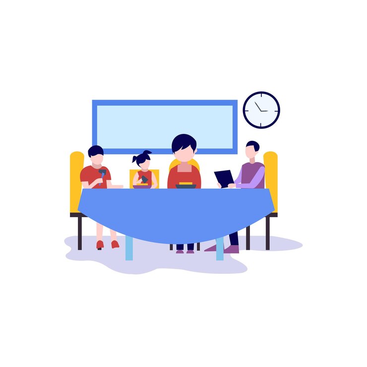 Vector the family is sitting at a restaurant to eat