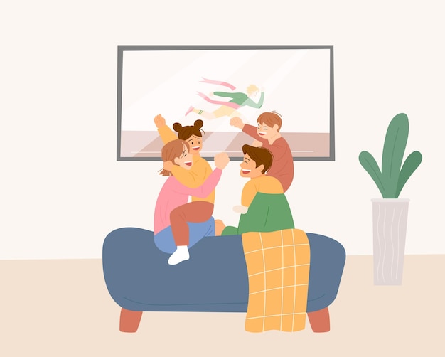 Premium Vector | The family is sitting on the sofa together and watching tv  having fun