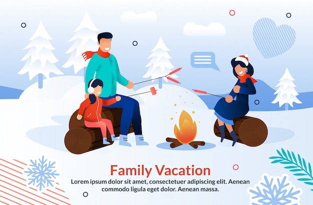 Vector family joyfully camping in winter season