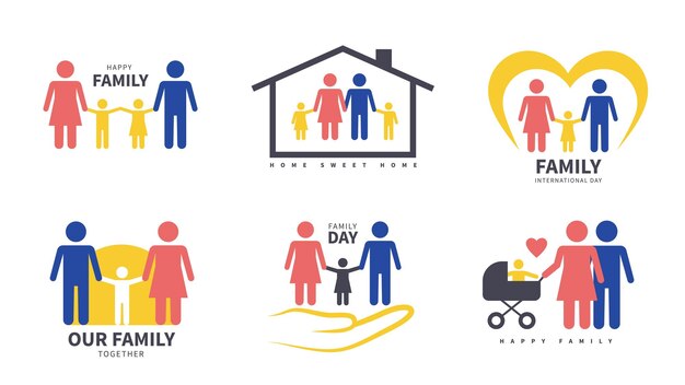 Vector family labels happy mother father and children emblems kids with parents color signs mom and dad carry toddler stroller love lifestyle social people relations vector isolated silhouettes set