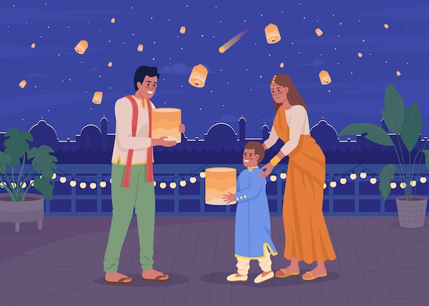 Family launching sky lanterns on Diwali flat color vector illustration