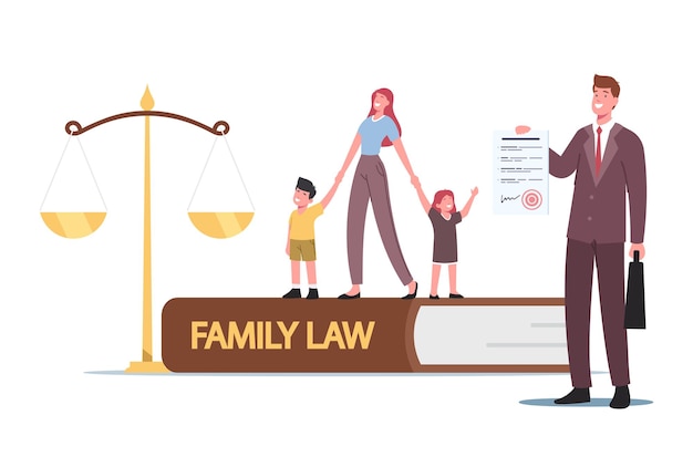 家族法、離婚、監護権または扶養手当の概念。法廷審問中に裁判官の裁判所で巨大なスケールで小さな子供と弁護士と小さな母親のキャラクター。漫画の人々のベクトル図