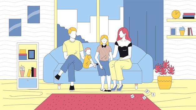 Family leisure concept. happy young family, mother, father daughter and son are sitting on the sofa. people relaxing and spending time at home environment. cartoon flat style. vector illustration.