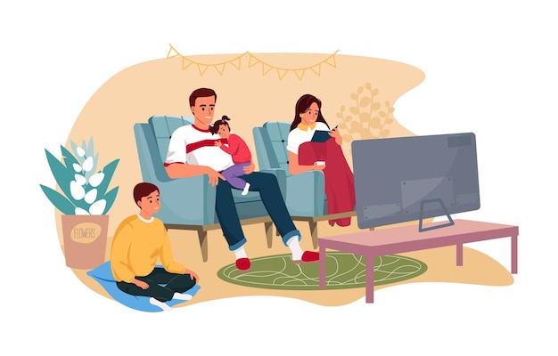 Вектор Семейный отдых счастливая семья улыбается, сидя на диване родители и дети проводят время вместе