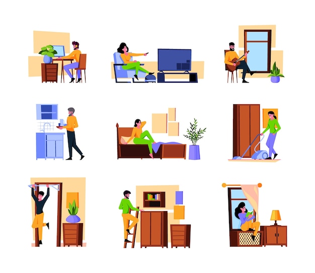 Family leisure time Different home daily activities relax and watch tv playing kids reading book garish vector flat illustrations Family leisure at home man and woman together