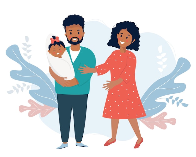 ベクトル 家族生活 泣いている赤ちゃんを抱く黒人男性 近くにいる女性が笑顔で慰める エスニック 家族と娘
