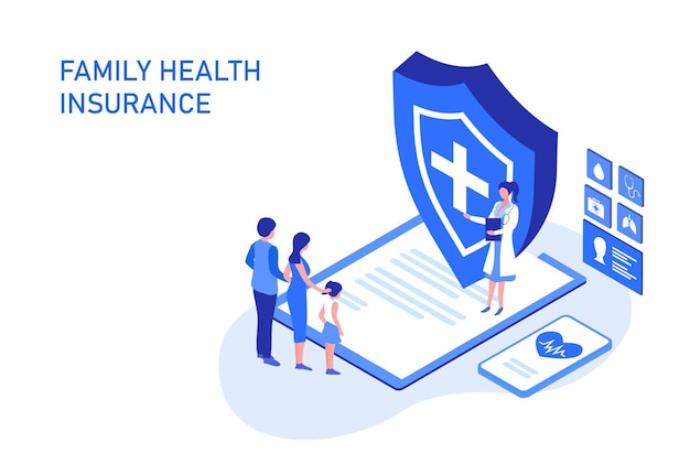 Concetto di assicurazione sulla vita familiare e sulla salute la famiglia acquista un'assicurazione per proteggere l'illustrazione vettoriale della famiglia