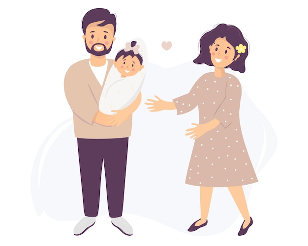 Vector family life man holds smiling newborn daughter next to him is wife happy family with baby family day