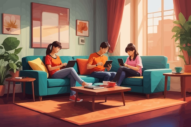 family living room seat sofa phone playing illustration