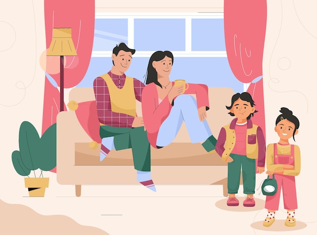 Vector family in living room together childhood parenting