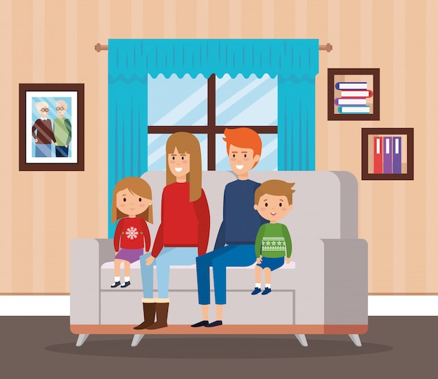 Vector family in livingroom with christmas decoration