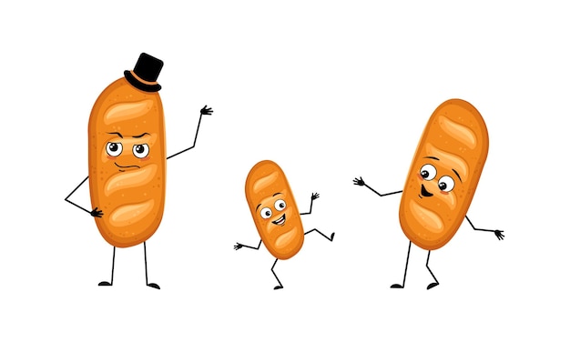 Family of loaf bread character with happy emotions and poses\
smile face happy eyes arms and legs mom is happy dad is wearing hat\
and child with dancing pose vector flat illustration