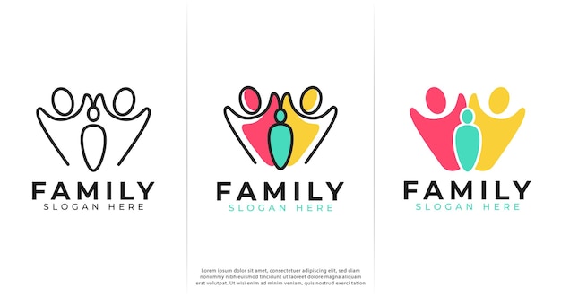 Progettazione del logo familiare con tre stili per l'assistenza familiare e comunitaria