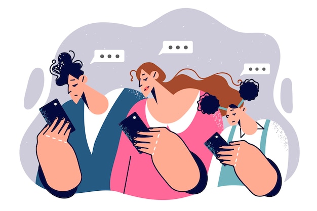 family looks at smartphones and experiences digital addiction waving at communication