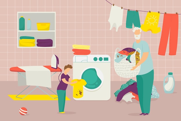 Family make housework father son washing clothes together vector illustration man boy character make