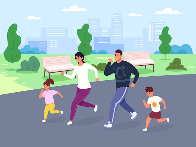 Семейный марафон Бег трусцой связывает людей в городском парке бегун здоровый образ жизни работает отец со спортивными детьми вместе спорт летняя активность плоская яркая векторная иллюстрация