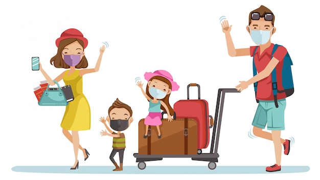 Vettore maschera famiglia traval in aeroporto. felice gruppo turistico familiare. genitori e figli durante il viaggio. nuovo concetto normale.