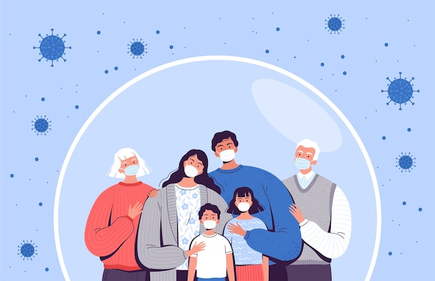 La famiglia in maschere mediche si trova in una bolla protettiva. adulti, anziani e bambini sono protetti dal nuovo coronavirus covid-2019.