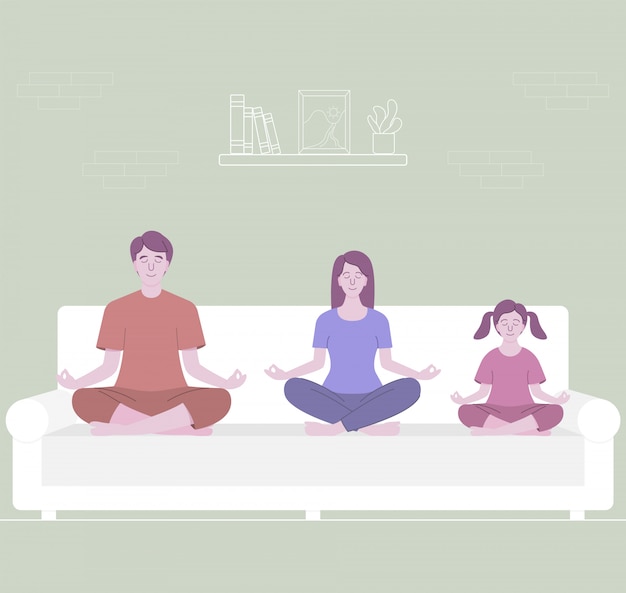 Family Meditation. Parents meditating with kid, sitting on white sofa. Flat character design, illustration.