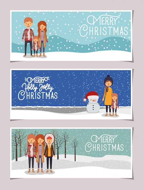 Family members celebrating christmas in the snowscape banner set