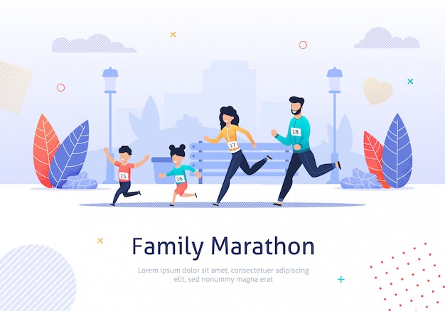 Vector family members running marathon together banner.