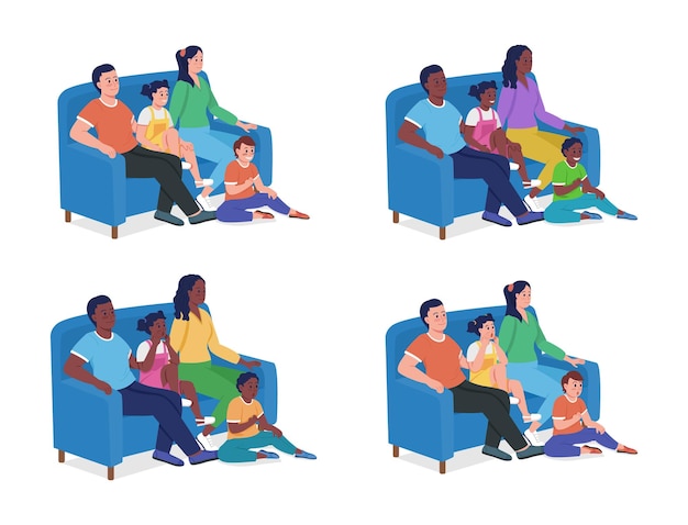 Family members sitting on couch semi flat color vector\
characters set full body people on white family bond isolated\
modern cartoon style illustrations collection for graphic design\
and animation