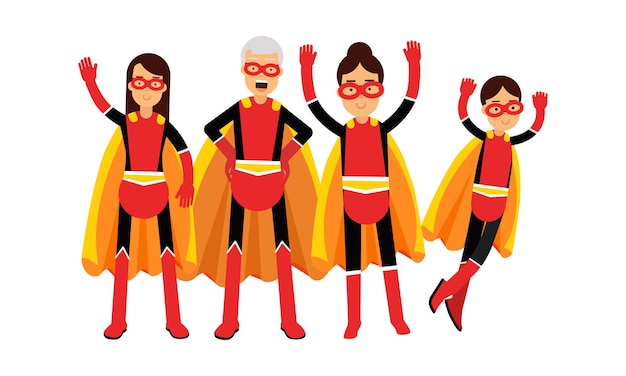 Vector family members wearing superhero costumes and cloaks posing vector illustration