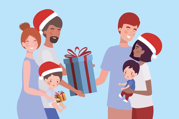 Vector family members with christmas gifts