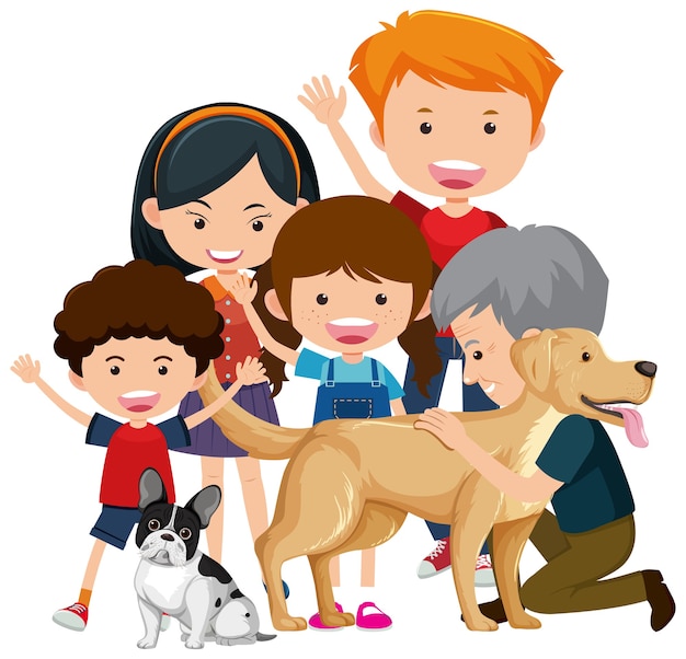 Family members with their pet dog on white background