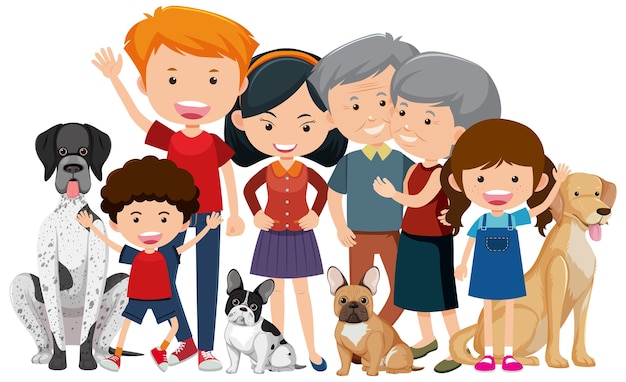 Vector family members with their pet dog on white background