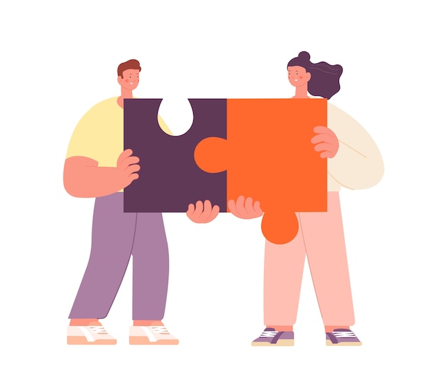 Vector family metaphor couple collect puzzle pieces jigsaw elements woman man friendship relationship or collaboration business teamwork utter vector scene