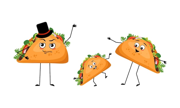 Family of mexican taco characters with happy emotions, smile face, happy eyes, arms and legs. mom is happy, dad is wearing hat and child is dancing. vector flat illustration