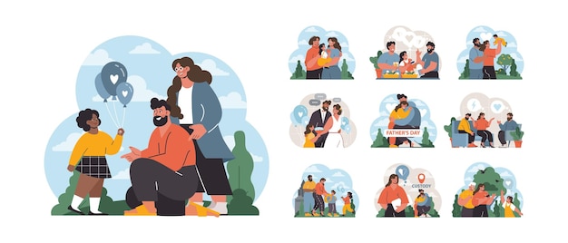 Vector family moments set cherished instances of families bonding picnics birthdays fathers day